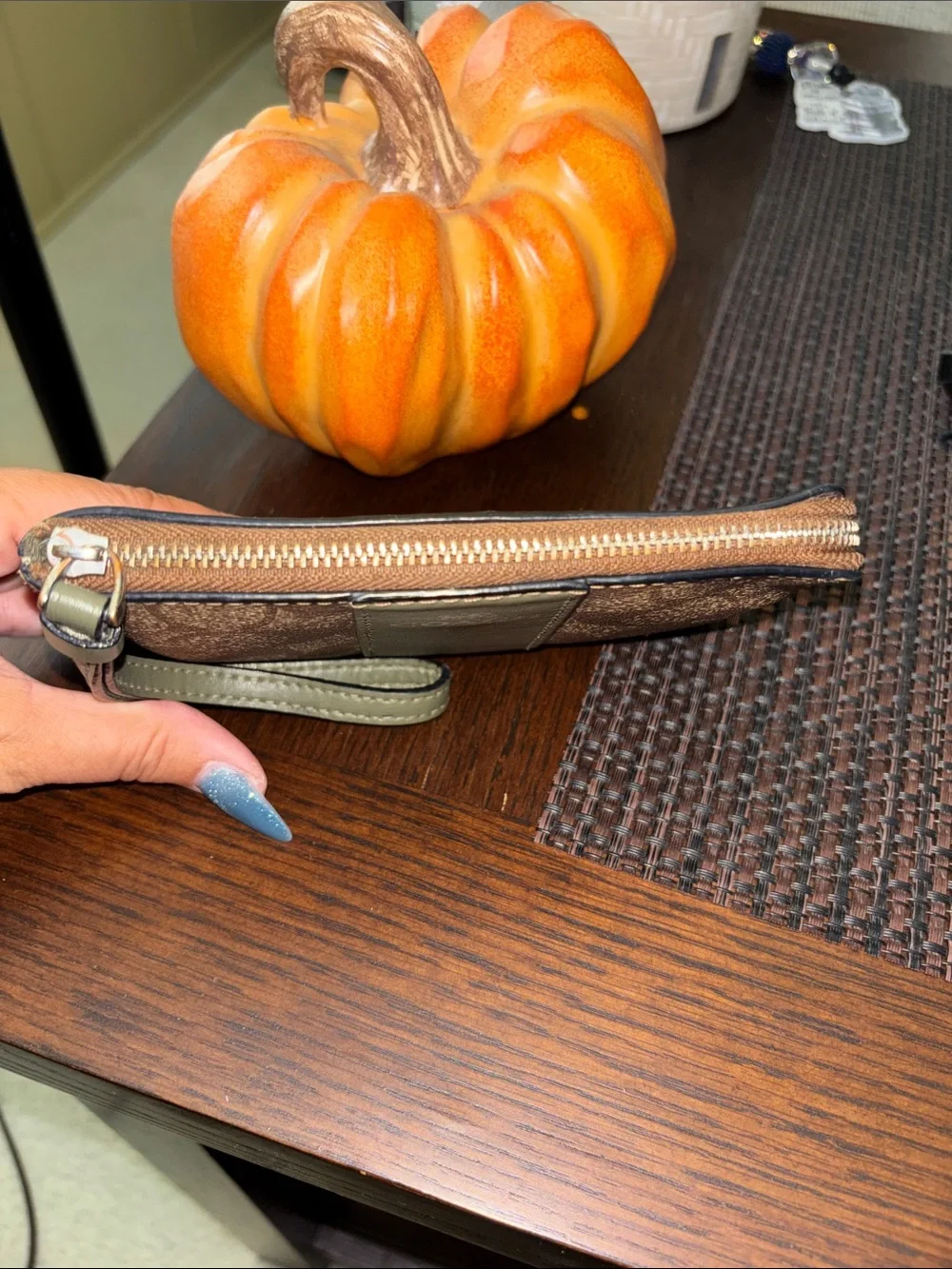 Coach Brown Signature Canvas Wristlet with Olive Leather Trim
